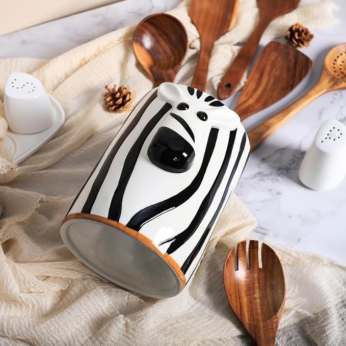 SOCOSY Zebra Shaped Ceramic Kitchen Utensil Holder For Countertop Large Cooking Utensil Crock Holder Spatula Holder, Kitchen Countertop Decoration-Black B