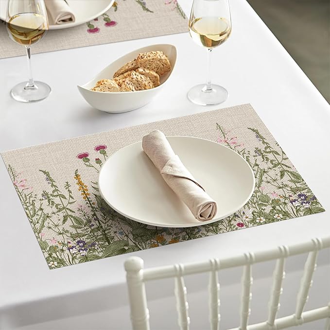 Artoid Mode Wild Flower Vinyl Placemats Set of 6, Wipeable Colorful Printing PVC Table Mats for Spring Party Kitchen Dining Decor, 12x18 Inch