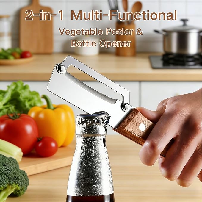 2PCS Multi-Functional Vegetable Peeler for Kitchen, Premium Vegetable Peeler with Wooden Handle and Bottle Opener, Multifunctional Vegetable Peelers Stainless Steel Blade Kitchen Tool