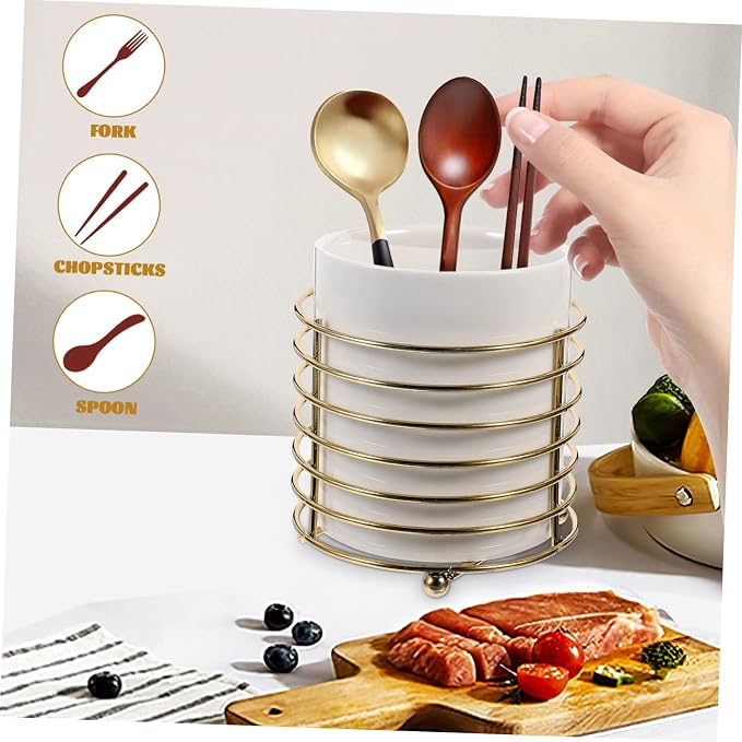 PRETYZOOM Ceramic Cutlery Organizer with Detachable Iron Wire Large Kitchen Spoon Holder for Chopsticks and Utensils Stylish White and Gold Design for Desktop Use