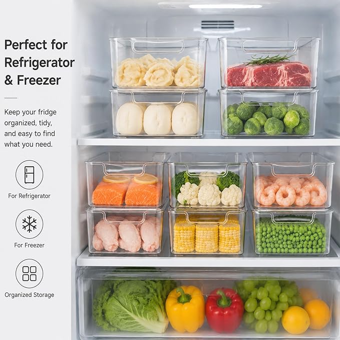 Clear Freezer Storage Bins,Stackable Freezer Organizer Bins with Handles,Clear Plastic Kitchen Organizer for Frozen Food, Meat & Veggies (6pcs, S)