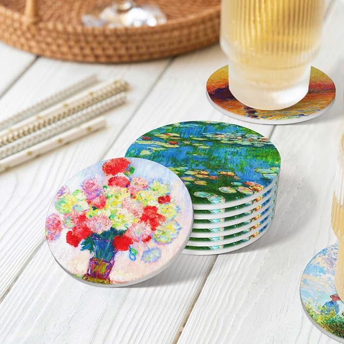 Monet Impression Sunrise Drinks Absorbent Coasters with Holder Set of 6, Coffee Table Decor, Ceramic Stone Coaster with Cork Base Tabletop Protection Mat for Mugs and Cups,Office,Kitchen