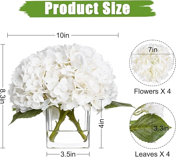 BLEUM CADE Luxury PU Fake Flowers in Vase with Faux Water, White Real Touch Hydrangea Artificial Flowers with Glass Vase for Office Home Dining Room Centerpiece Table Decorations