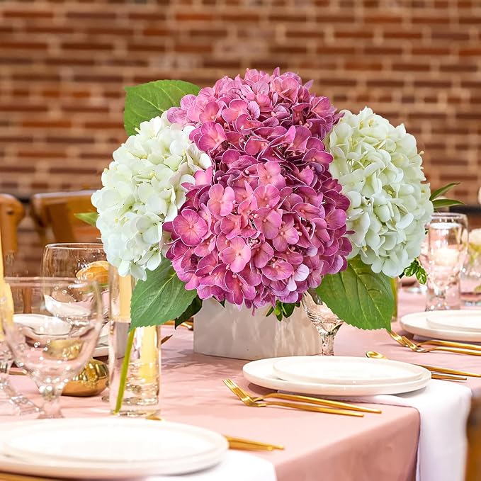 JINWOE Magenta Pink Hydrangea Artificial Flowers, 4Pcs Lifelike Latex Silk Real Touch Faux Hydrangea Flowers, Artificial Hydrangeas Bouquet for Wedding Centerpieces Tables Party Home