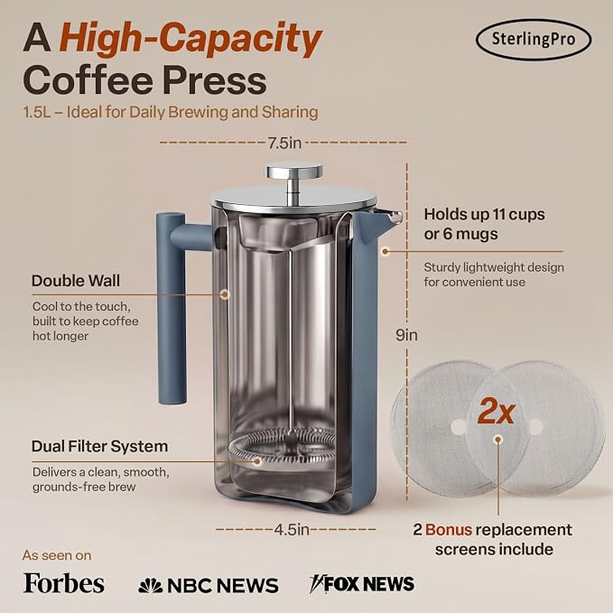SterlingPro Non-Toxic Large Insulated Stainless Steel French Press Coffee Maker 51oz Capacity (44 oz Brew Yield) – Double Wall Metal Coffee Press | Cool-Touch | Blue Finish | 12 Cups / 6 Mugs