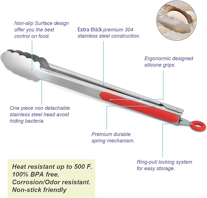 Premium 304 Stainless Steel Tongs Set – 12" Grill Tongs & 9" Cooking Tongs, Heat Resistant up to 600°F, Wavy Grip Head, Non‑Slip Handle with Locking Clip & Hanging Loop, Dishwasher Safe, Red