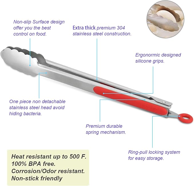 304 Stainless Steel Kitchen Cooking Tongs, 9" and 12" Set of 4 Sturdy Grilling Barbeque Brushed Locking Food Tongs with Ergonomic Grip, Red