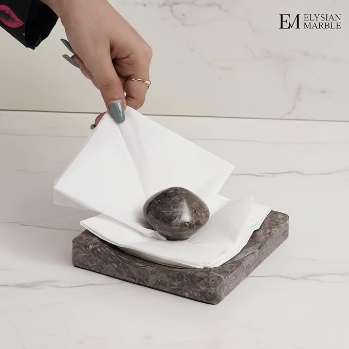 Marble Cocktail Napkin Holder with Weight, Modern Square Napkin Holder for Table, Decorative Heavy Napkin Holder for Indoor & Outdoor Dining, Kitchen & Coffee Table Decor - Oceanic Grey