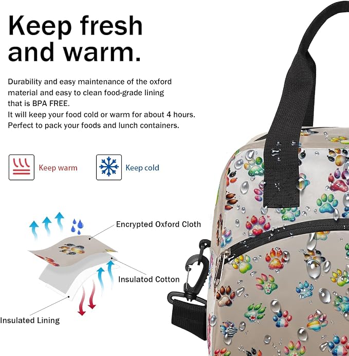 Cute Paw Skin Insulated Lunch Bags for Women Girls Adult Ethnic Reusable Lunch Tote Therma Cooler Bag with Shoulder Strap Lunch Box for School Work Office Picnic Meal Prep Bag