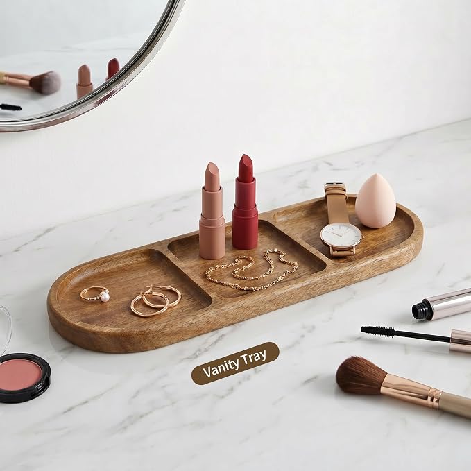 Small Wooden Tray | Acacia Wood Tray for Vanity, Bathroom Counter, Coffee Table & Toilet | Perfect for Jewelry, Key & Catch All | Mini Charcuterie Board Serving Platter (Oval 3-Compartment)