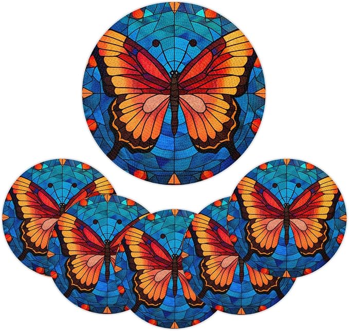 Round Placemats Set of 6, Butterfly Glass Background Woven Placemats Mats Non-Slip Heat Resistant Washable Table Mats Round Braided Place for Farmhouse Kitchen Dining Party Decor 15in