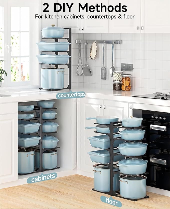 MUDEELA Pots and Pans Organizer Rack under Cabinet 23.62" Height, 10-Tier Adjustable Heavy Duty Pot and Pan Organizer Rack inside Cabinet for Kitchen Organizer Cast-iron Pans, Heavy Cookware