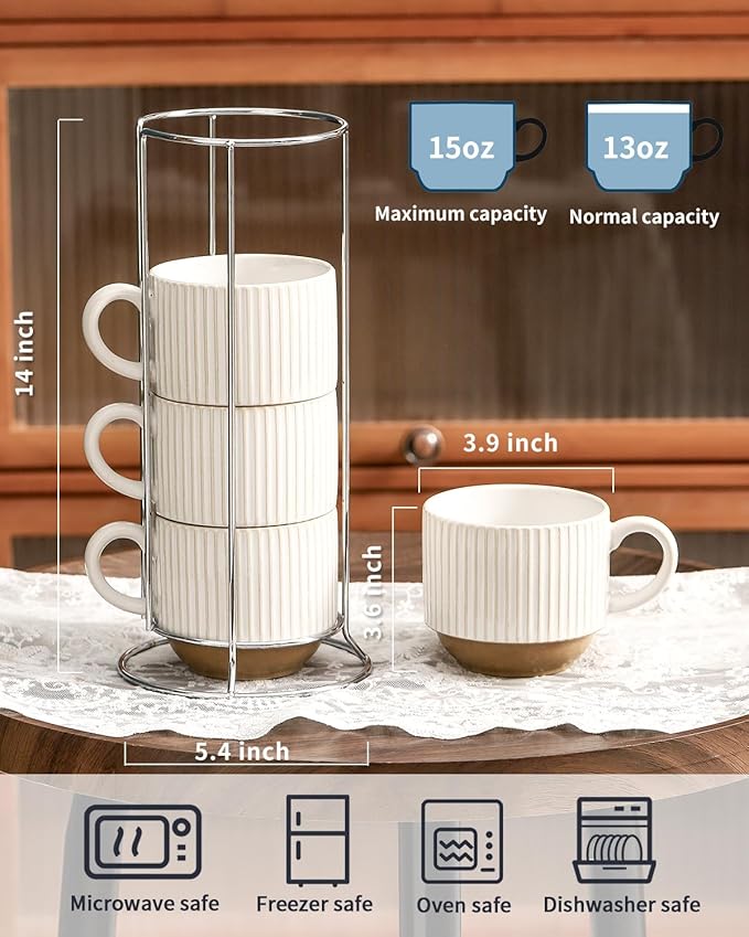 Ceramic Coffee Mugs with Stand,15 Oz Stackable Coffee Cups Set of 4 for Latte,Milk,Tea,Gift for Thanksgiving New Year Housewarming,Dishwasher & Microwave Safe,White Patchwork Color
