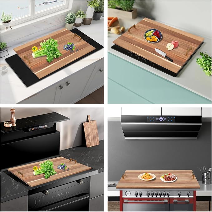 Noodle Board, 29x21in Acacia Wood Stove Top Cover, Kitchen Counter Protector w/Gold Handles, Modern Rectangular Cutting Board, Home Extra Workspace Sink Cover, Easy Clean Decorative Tray, Wood Color