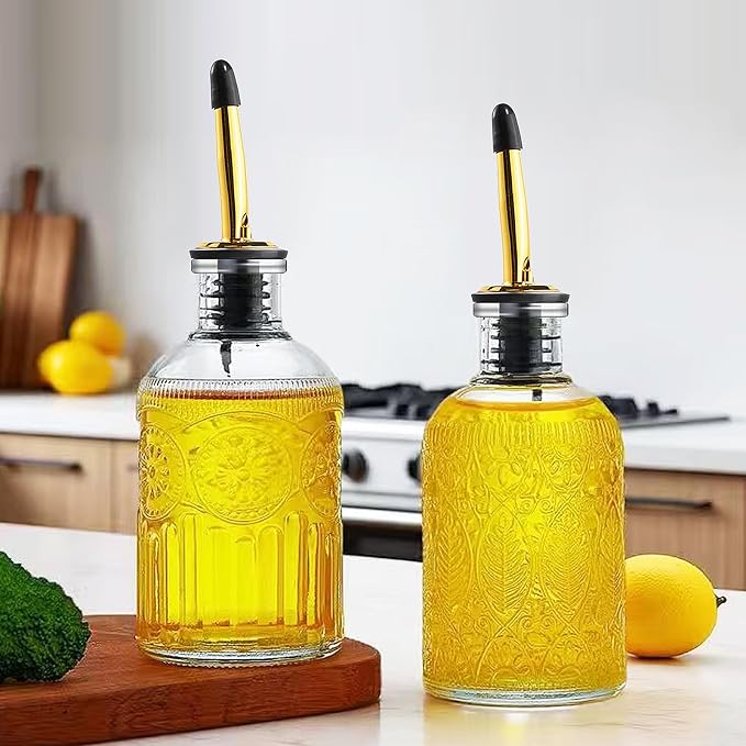 4 Pcs Olive Oil Dispenser Bottle for Kitchen with Metal Spout, 8.5oz Clear Glass Oil and Vinegar Dispenser Set, Elegant Cooking Dispenser for Kitchen Juice Coffee Syrup Honey Syrup (Small Round)