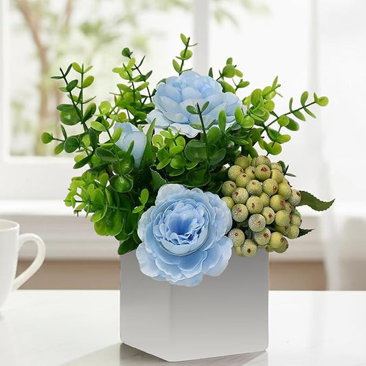 LADADA Artificial Blue Rose Potted Flowers with White Square Vase | Faux Eucalyptus Leaves Frosted Berry Floral Arrangement,Small Fake Silk Flower Centerpiece for Office Shelf Home Indoor Decor