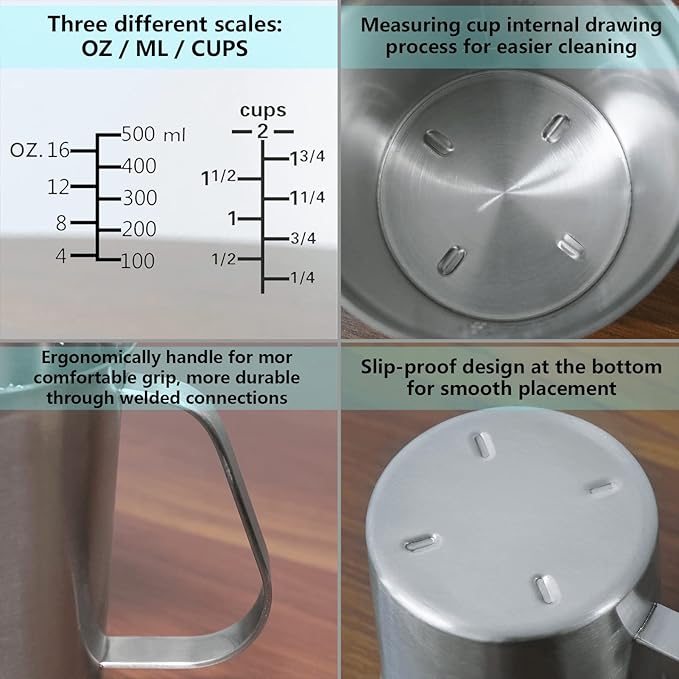Newness Stainless Steel Measuring Cup, Metal Measuring Cup with Handle (Upgraded, 3 Marking Including Cup/ML/Ounce Scale), 16 Ounces (0.5 Liter, 2 Cup)
