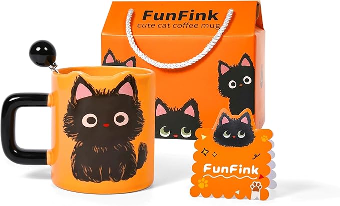 Cute Ceramic Cat Mug with Spoon, 12.8 oz - Kawaii Black Cat Themed Gift for Cat Lovers, Women and Men - Perfect for Coffee, Tea, Milk, and More (Microwave Safe)