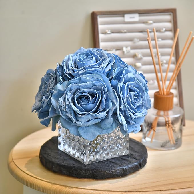 Artificial Rose in Glass Vase Vintage Silk Flower Arrangement with LED Light for Table Centerpiece Home Wedding Decoration (Dusty Blue)