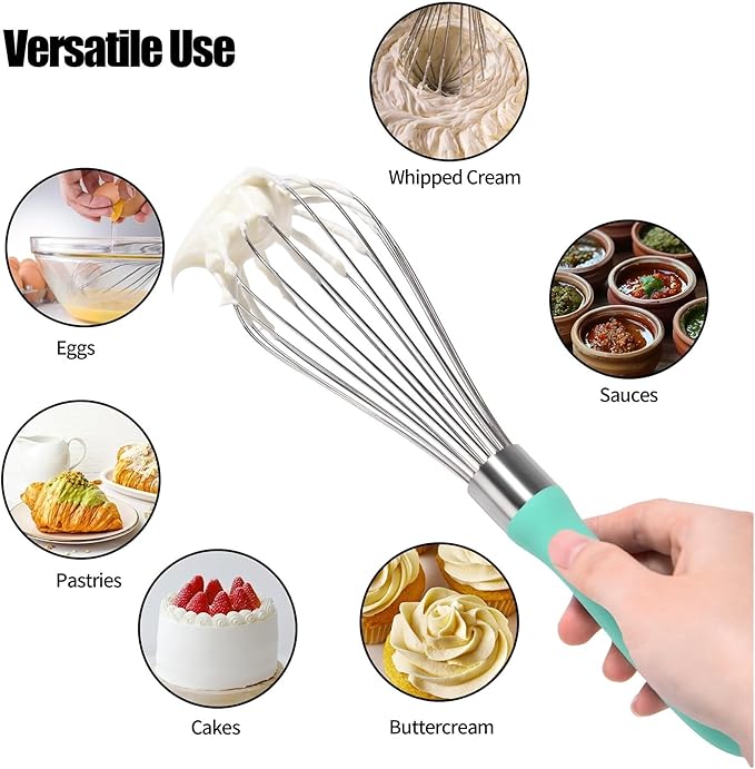 18/8 Stainless Steel Balloon Whisk, Kitchen Whisk for Cooking Handheld Egg Beater with Rust-Proof Sturdy Wires & Non-Slip Silicone Handled(Aqua Sky,M)