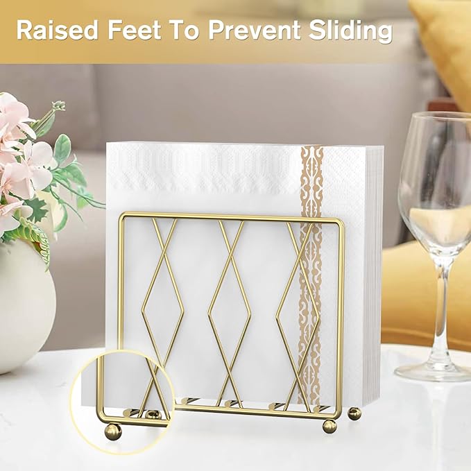 Napkin Holder for Table, Modern Metal Napkin Holders for Paper Napkins & Kitchen Dining & Countertops, Cocktail Upright Napkin Holder Dispenser Suitable for All Room Decors (Large, Gold)