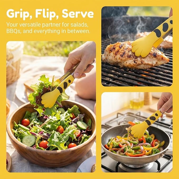 Kitchen Cooking Tongs – Cute Paw Shape Stainless Steel Salad Tongs for Cooking and Barbecue, Food Serving Utensil with Non-Slip Grip(Yellow Small)
