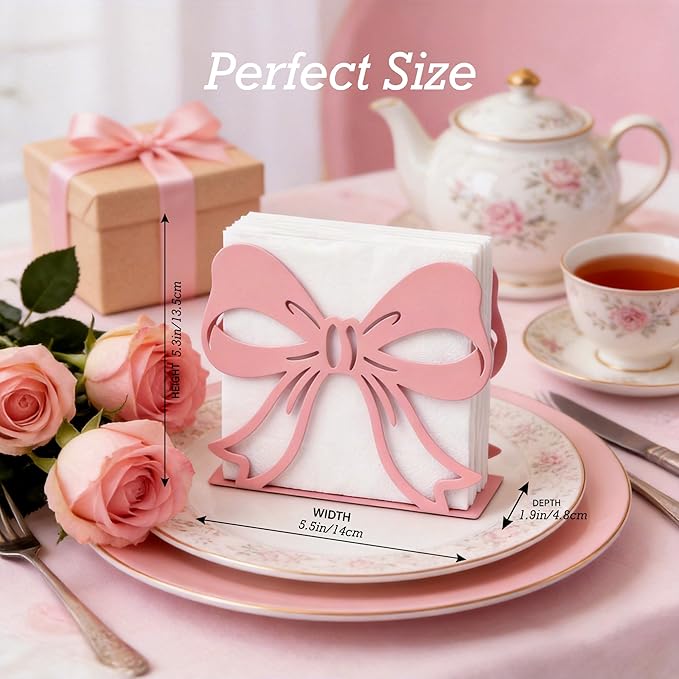 2Pack Pink Bow Napkin Holder for Table, Modern Metal Napkin Holders for Kitchen Dining Tables & Countertops, Paper Cocktail Napkins Holder Dispenser for Indoor & Outdoor Party