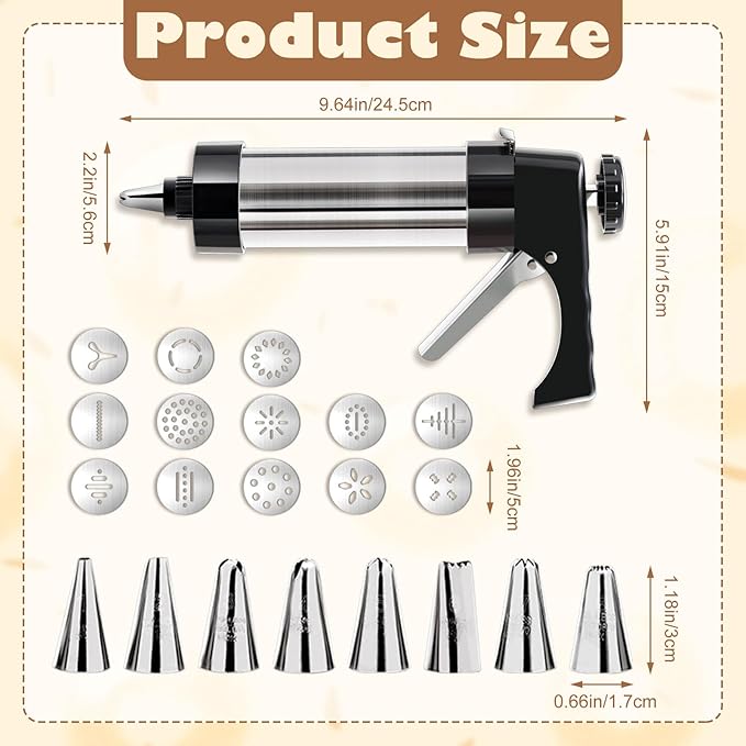 Cookie Press Gun Kit, Stainless Steel Spritz Cookie Press with 13 Discs & 8 Icing Piping Tips, Baking Cookie Maker, Icing Decorating Gun for Cookies Cakes Pastry Dessert Baking Decoration