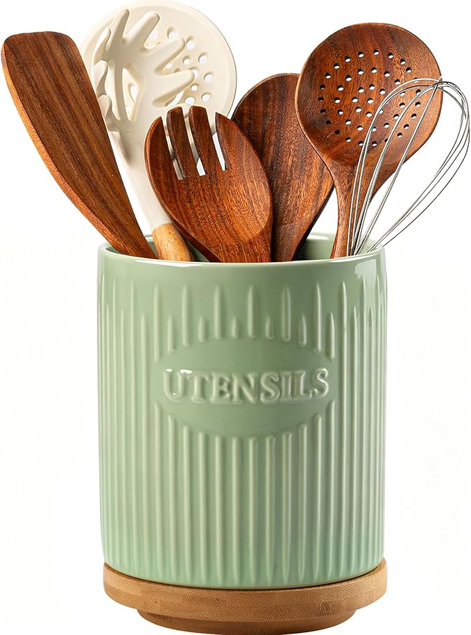 360° Rotating Utensil Holder, 7.6" Large Ceramic Kitchen Utensil Holder for Countertop with Rotatable Bamboo Base, Stable Cooking Utensil Crock, Farmhouse kitchen Decor, Green