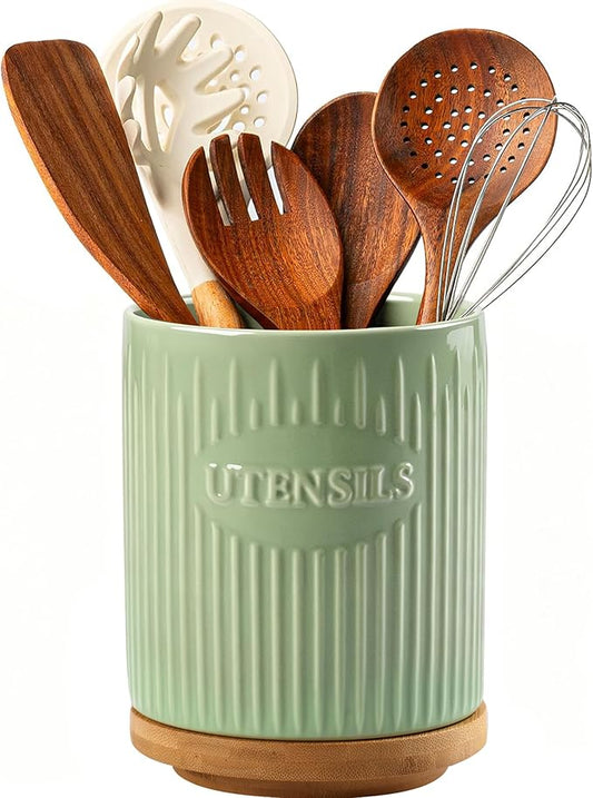 360° Rotating Utensil Holder, 7.6" Large Ceramic Kitchen Utensil Holder for Countertop with Rotatable Bamboo Base, Stable Cooking Utensil Crock, Farmhouse kitchen Decor, Green