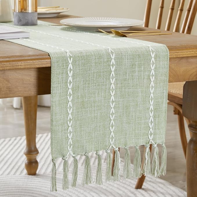 Wracra Rustic Linen Table Runner Farmhouse Style Table Runners 72 inches Long Embroidered Table Runner with Hand-Tassels for Party, Dresser Decor and Dining Room Decorations (Desert Sage, 13"×72")