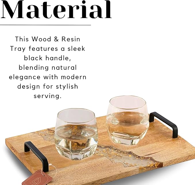 Set of 2 Mango Woodeb Serving Tray with Handles, Food Drinks Tray for Coffee Table - Decorative Kitchen Tray with Black Handle