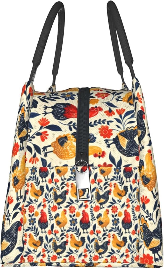 Colorful Farm Chicken Lunch Box for Women Girls Kids Insulated Cartoon Rustic Chicks Lunch Bag for Work Picnic Camping Travel Gifts Large Capacity Cooler Thermal Reusable Tote Makeup Bags