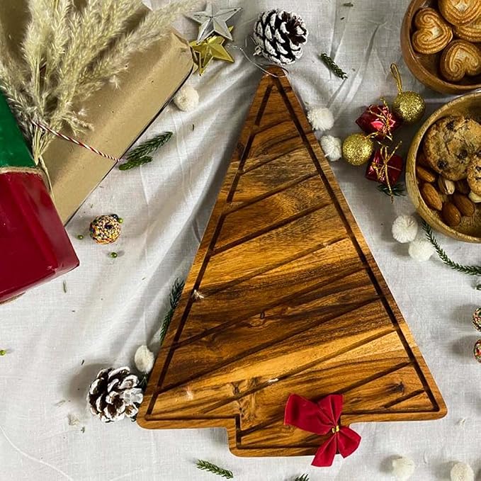 Affinity Decor Organic Acacia kitchen Cutting Chopping Charcuterie Board Platter for Butcher Block Cheese and Vegetables (Slicey Christmas Tree Board 12.5"L x 10"W)