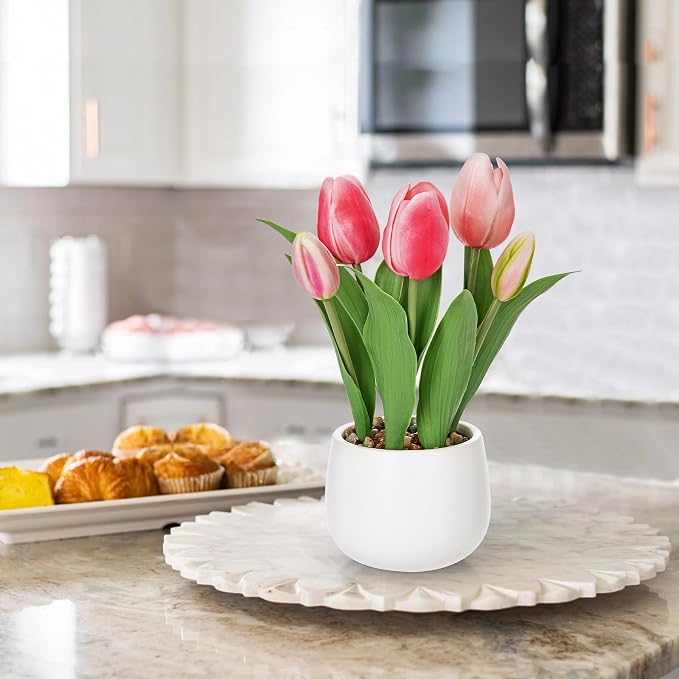Hollyone Pink Tulips Artificial Flowers in Vase Fake Tulips Silk Flowers Arrangements Faux Tulip Bulbs with Ceramic Pot Tulip Potted Plants Floral Bouquet for Home Decor Table Centerpiece Decorations