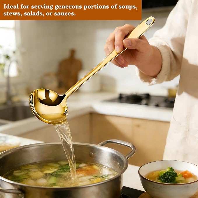 3 Pieces Gold Soup Ladle, 11.6" Metal Ladle Stainless Steel, Large Soup Spoon With Handle for Serving, Stirring, Cooking Spoon for Kitchen