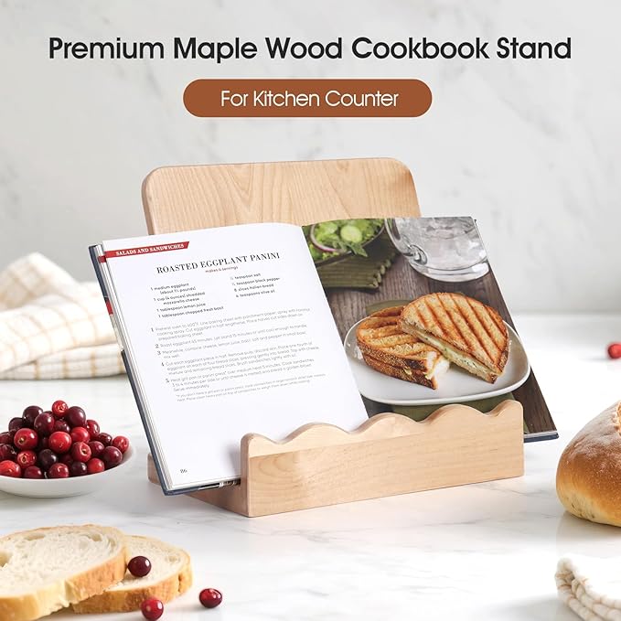 Scalloped Wooden Cookbook Stand with Removable Cutting Board – Adjustable Recipe Book Holder, Charcuterie Board & Kitchen Serving Tray – Kitchen Counte Decor/Maple Wood