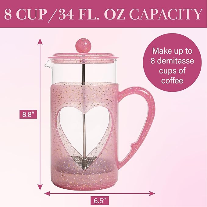 Paris Hilton 8-Cup French Press Coffee Maker, Durable Borosilicate Glass with Stainless Steel Filter, Heat-Resistant Design for Daily Use, 34-Ounce, Pink