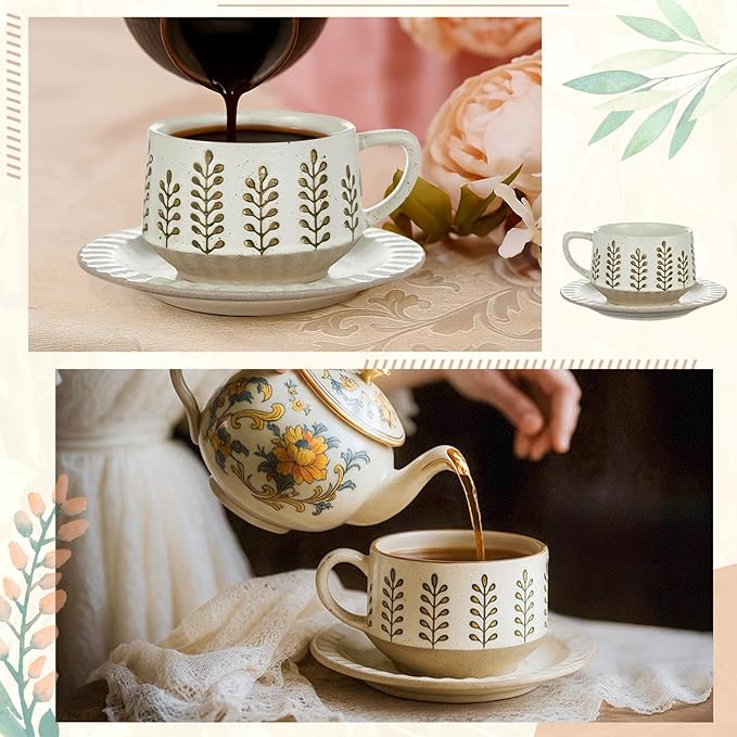 LemonRoad Vintage Tea Cup and Saucer Set, 10oz Porcelain Coffee Mugs with Saucer for Latte Mocha Cappuccino Ceramic Teacups for Housewarming Wedding Gifts Kitchen Table Decor