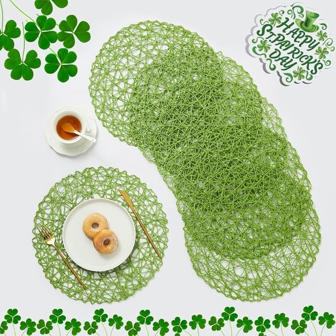 IcosaMro Grass Green Round Placemats Set of 6 for Dining Table, 15 Inch Paper Woven Boho Decorative Circle Place Mat for Wedding Christmas Thanksgiving Day Holiday Dinner, Grass Green