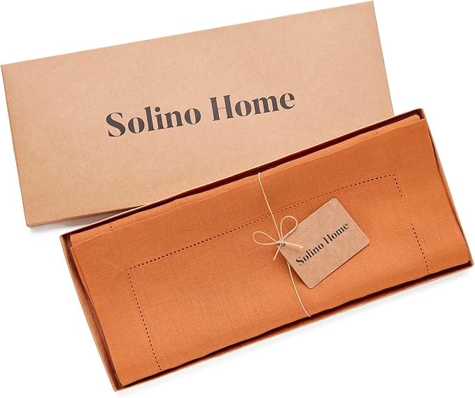 Solino Home Linen Pumpkin Table Runner 72 Inches Long - 100% Pure Linen Hemstitch Table Runner 14 x 72 Inch for Dresser, Dining - Classic Hemstitch