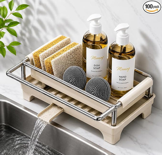 Kitchen Sink Caddy Organizer with Draining Tray and Towel Rail, Stainless Steel Sponge Holder, Dish Soap Storage Rack, Sink Organizer for Sponges, Scrub Brushes, Soap Bottles and Cleaning Supplies