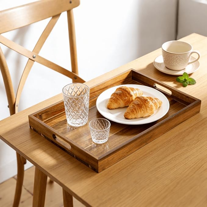 YOUEON 2 Pack 17 x 12 Inch Acacia Wood Serving Tray with Handles, Large Wooden Tray for Ottoman, Breakfast in Bed, Dinner, Coffee Table, Perfect for Living Room, Bedroom & Kitchen