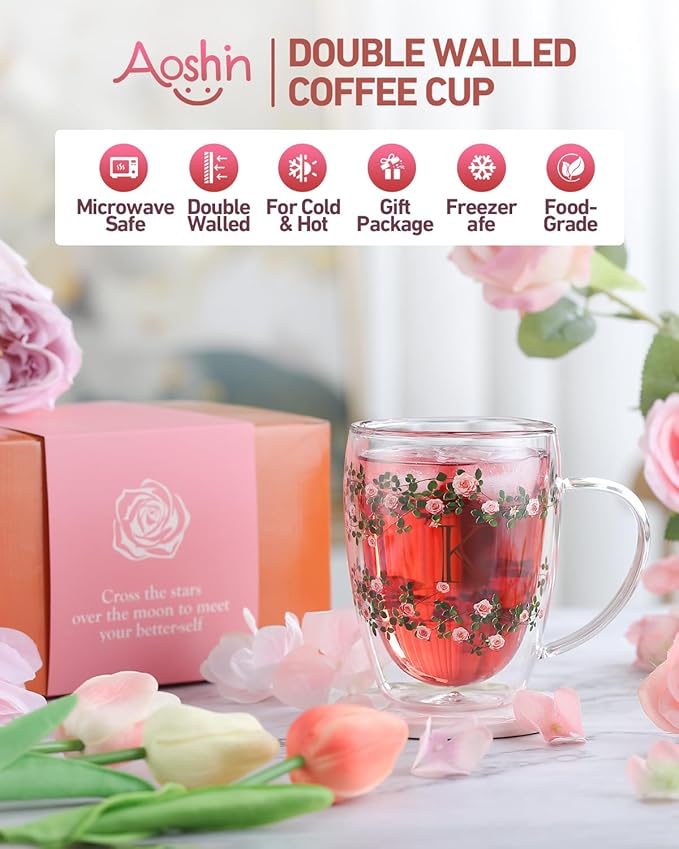 Initial Glass Cup for Women, 12oz Rose Double Walled Glass Coffee Mugs, Personalized Gifts for Women, Initial Coffee Tea Mug with Scarf, Birthday Wedding Gifts for Mom Teacher (ROSE-L)