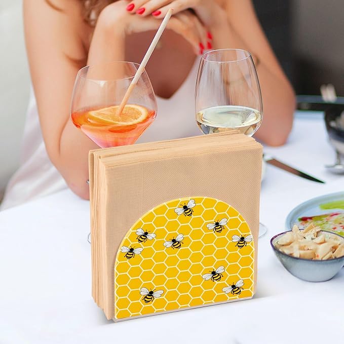 Yellow Bees and Honey Napkin Holder for Tables Paper Cocktail Napkin Holders for Kitchen and Dinning, Acrylic Dinner Napkin Dispenser for Restaurant Home Decor Bar Accessories 1 Pack