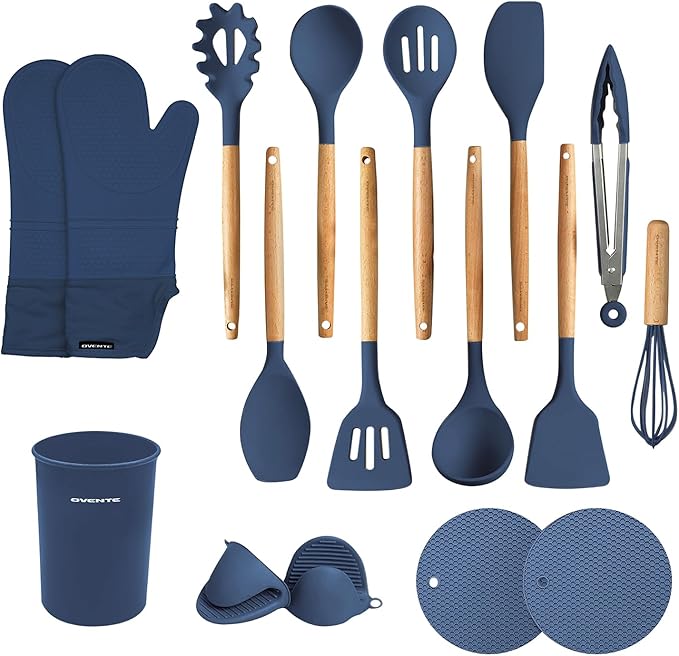 OVENTE Silicone Cooking Utensils Set, 17pcs Heat Resistant Kitchen Tools and Gadgets for Nonstick Cookware, BPA Free Spatula Set with Wooden Handle, Cup Holder, Oven Gloves and Hot Pads, Blue SPS17BL