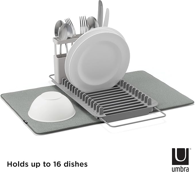 Umbra Udry Dish Rack and Microfiber Drying Mat – Space-Saving Design Folds Up for Easy Storage, Over-Sink Rack, Gray
