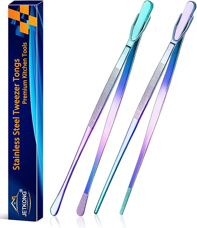 JETKONG 2 Pcs 12-Inch Culinary Tweezers Food Tweezers Kitchen Tweezer Tongs for Cooking (Rainbow)