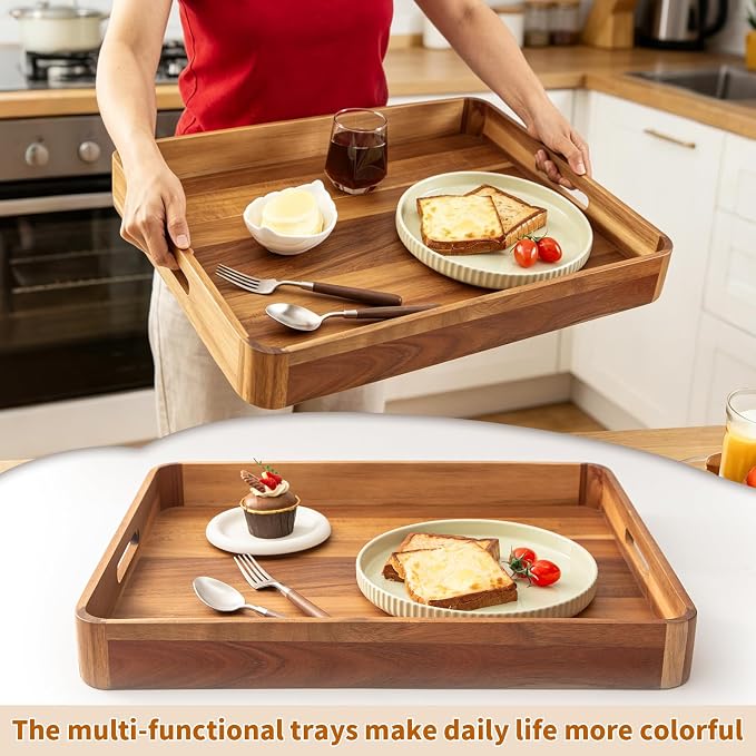 Large Wooden Ottoman Tray Great Rectangle Trays for Big Ottoman 22"x18" Coffee Table Tray for Kitchen Huge Wood Serving Tray with Round Corner for Living Room Decor Centerpiece Organizer