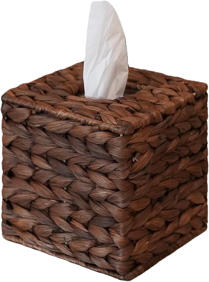 Water Hyacinth Handwoven Tissue Box Cover, Handcrafted Square Facial Tissue, Natural Handmade Wicker Napkin Box Holder, Rustic Decorative on Bathroom and Table, Office, Boho Decorative, Coffee